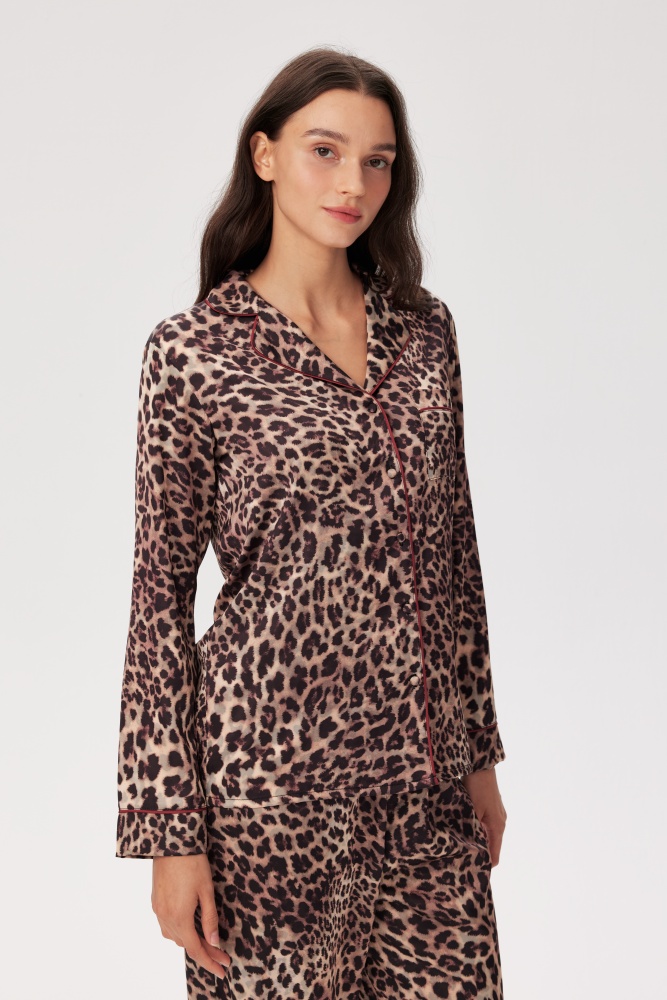 PIXIE & PEACH Sienna Satin Leopard-Print Long Sleeve Shirt