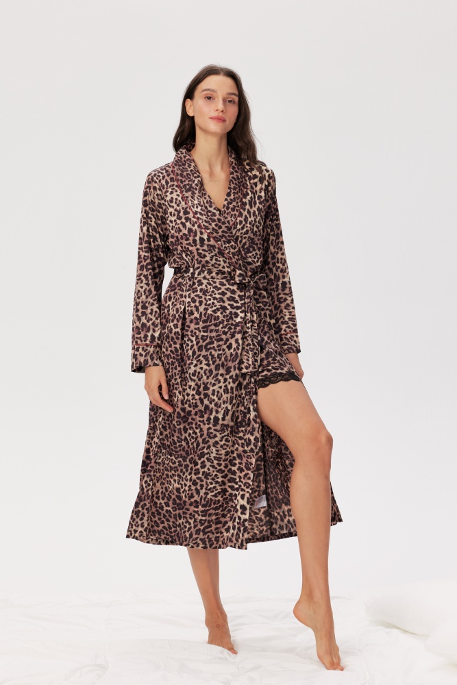 PIXIE & PEACH Sienna Satin Leopard-Print Robe