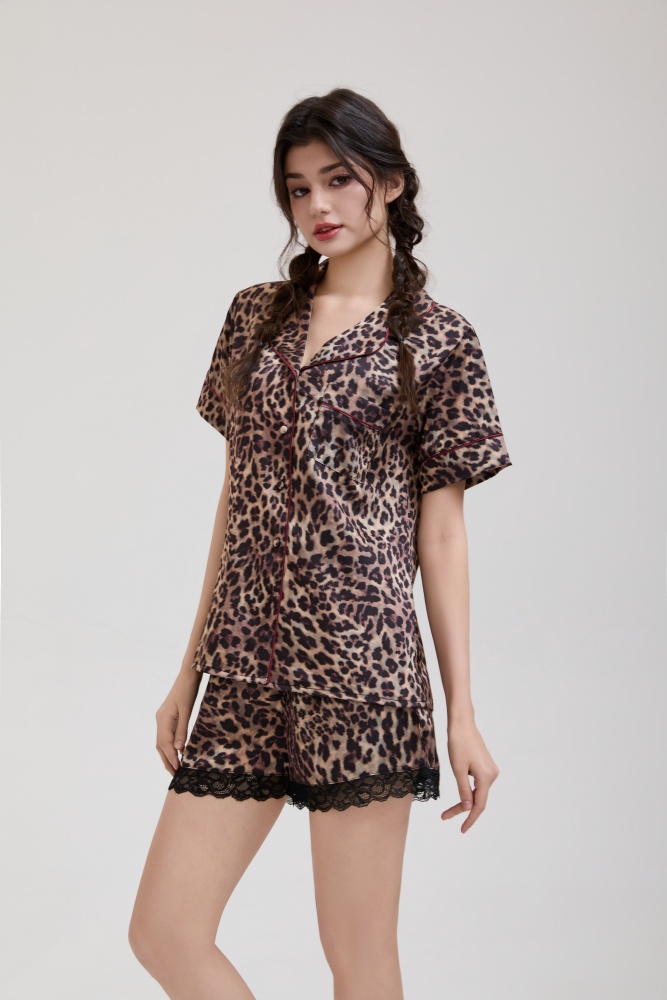 PIXIE & PEACH Sienna Satin Leopard-Print Short Sleeve Shirt