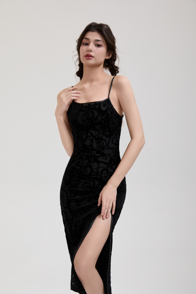 PIXIE & PEACH Devore Style Velvet Slip Dress-Black Rose Jacquard